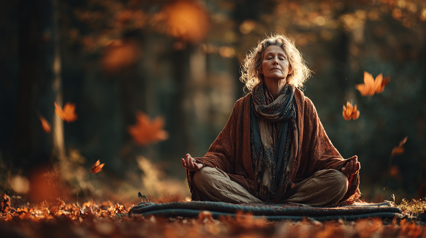 Жінка старшого віку виконує дихальні вправи на природі