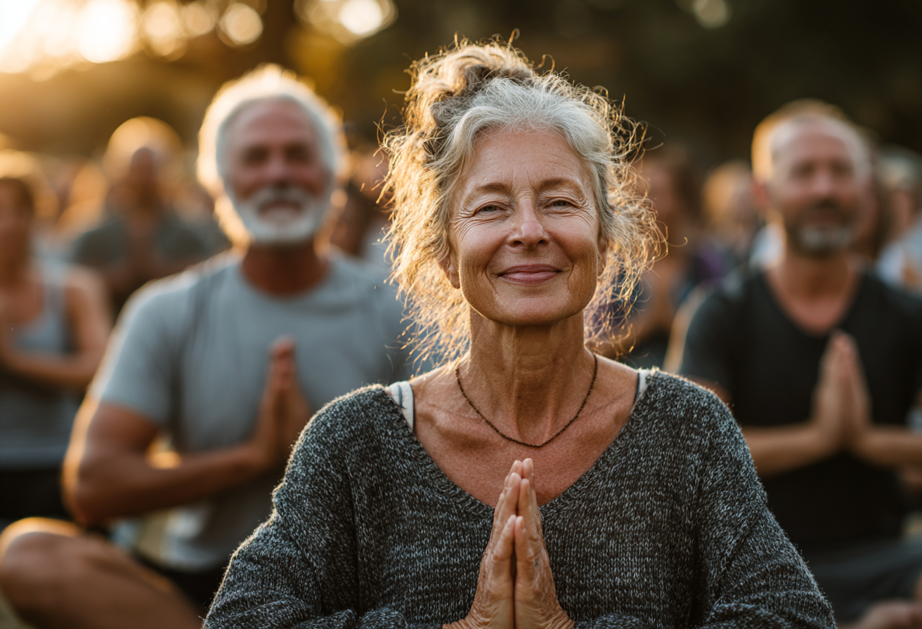 Група людей старшого віку на початковому занятті йоги